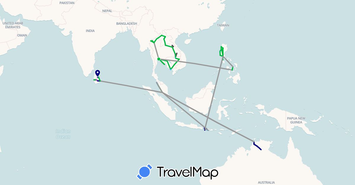 TravelMap itinerary: driving, bus, plane, train, boat, motorbike in Australia, Indonesia, Cambodia, Laos, Sri Lanka, Malaysia, Philippines, Thailand (Asia, Oceania)